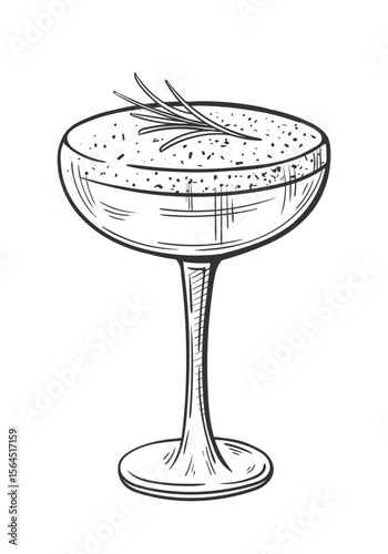 Cocktail rosemary hand drawn isolated on white background. Vintage sketch of glass of alcoholic drink. Cocktail for parties. Vector illustration