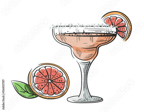 Margarita siesta cocktail with grapefruit hand drawn isolated on white background. Vintage sketch of alcoholic drink glass. Colorful party cocktail. Vector illustration