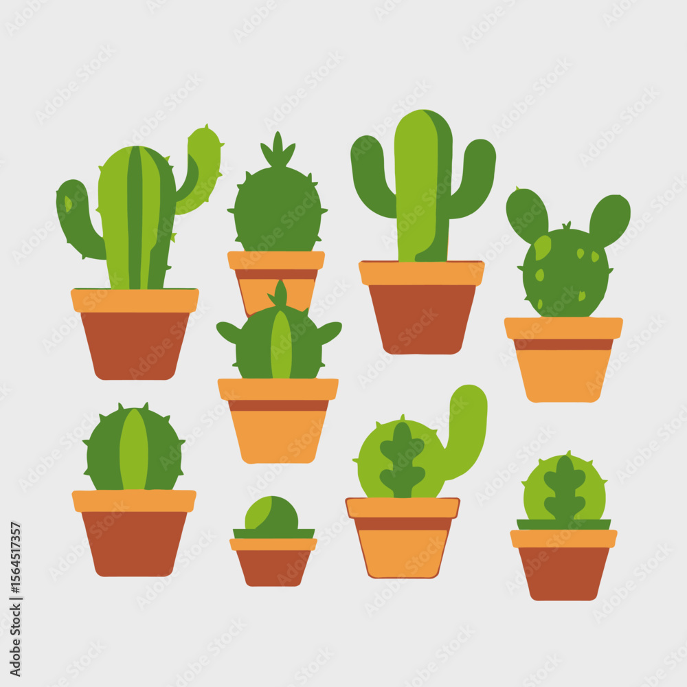 Fototapeta premium Cute Cactus Collection Vector Illustration-Variety of Potted Desert Plants-Succulent Arrangement Graphic-Botanical Art for Home Decor-Nature Inspired Design Elements