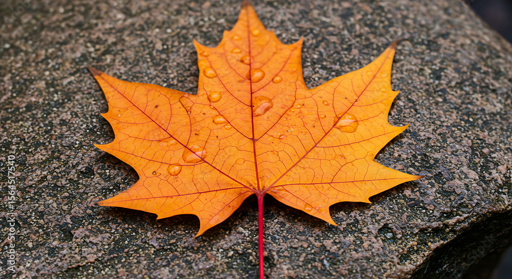 Single Fallen Maple Leaf with Water Droplets on Rough Stone Surface Single Fallen Maple Leaf with Water Droplets on Rough Stone Surface