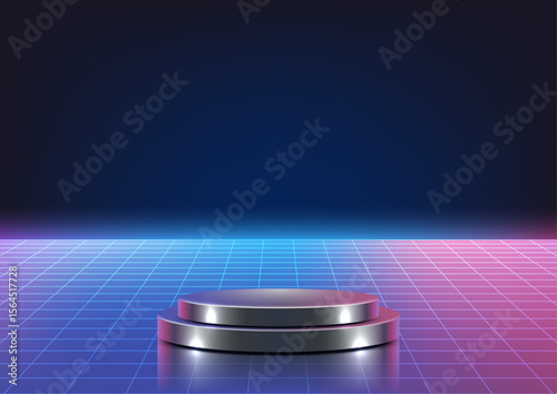 Neon Technology Futuristic Podium on Grid Surface with Blue and Pink Lights for Product Display and Digital Mockup in a Dark Cyber Background