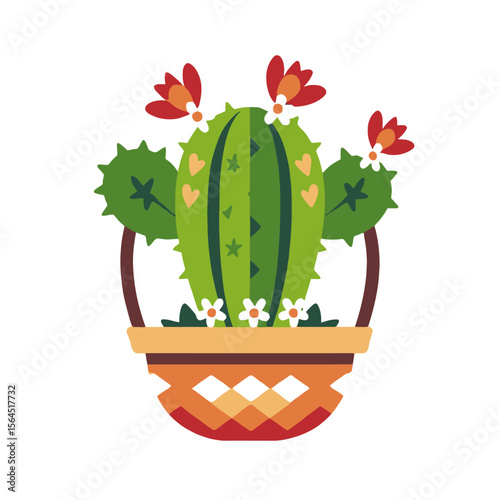 Cute Cactus in a Pot Illustration - Decorative Desert Plant with Red Flowers and White Blossoms - Indoor Succulent Art for Home Decor Projects