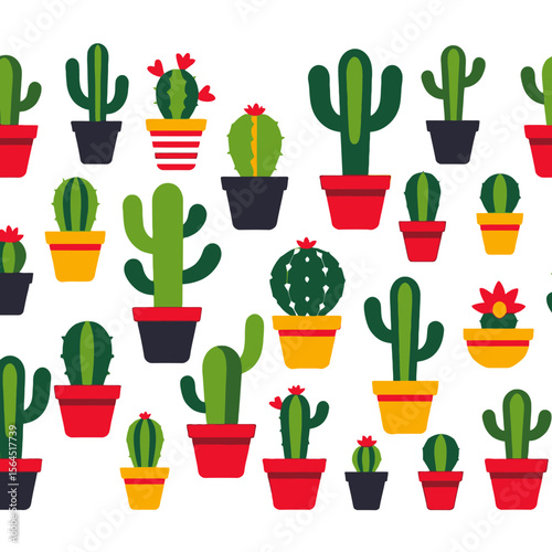 Cute Cactus Illustration-Seamless Pattern of Potted Succulents-Botanical Art for Home Decor-Trendy Plant Design-Colorful Desert Vibes-Perfect for Wallpaper or Fabric
