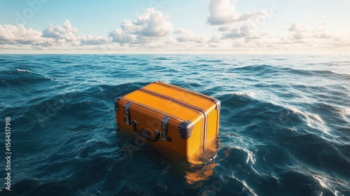 Bright orange suitcase floating in open ocean du daytime with waves and cloudy sky background