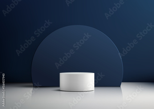 white cylindrical podium on blue background with semicircle arch for luxury product display, modern 3d mockup, minimal showroom design, clean presentation stage template
