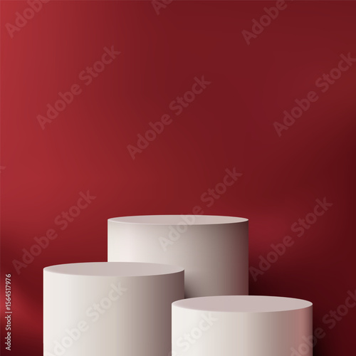 white podium mockup display on red background 3d minimalist scene with cylindrical pedestal for product presentation luxury branding showcase template