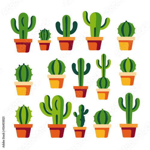 Cute Cactus Plants in Pots Illustration- Green Cacti Variety- Home Decor and Desert Plant Designs- Trendy Cactus Art for Backgrounds and Wallpapers