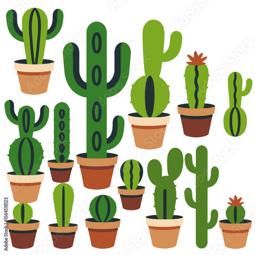 Cute Cactus Plants in Pots Illustration- Variety of Succulents for Desert Decor- Green Cactus Collection in Brown Pots- Botanical Illustration for Art Prints