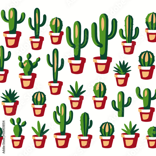 Cute Cactus Potted Plants Seamless Pattern- Green Succulents in Pots Background- Nature Inspired Design for Fabric Wallpapers and Digital Prints- Botanical Illustration