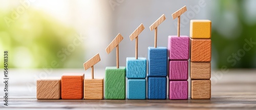 Vibrant colorful wooden block stairs increasing upward with small flags representing growth progress and success