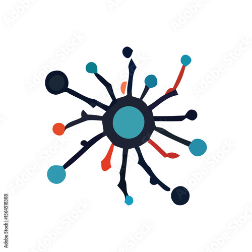 Abstract design featuring a central teal circle connected to radiating dark lines with colorful circles.