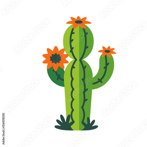 Cute Cartoon Cactus with Orange Flowers-Desert Plant Illustration-Summer Vibes-Southwest Decor-Botanical Art-Nature Inspired Design-Green Cactus on White Background