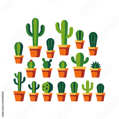 Cute Potted Cacti Illustration-Collection of Green Cactus Plants in Orange Pots-Desert Plant Decor-Succulent Home Decor-Botanical Vector Graphic Design