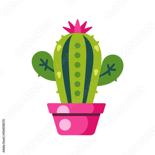 Cute Potted Cactus Illustration- Cartoon Cactus with Flower- Green Cactus in Pink Pot- Desert Plant Vector Graphic- Indoor Plant Clipart for Design Projects