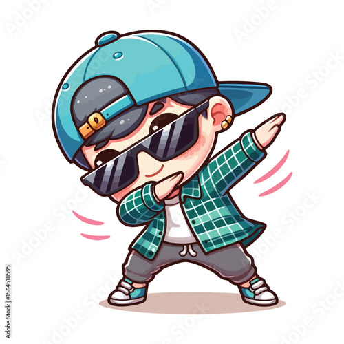 Cute cartoon boy wearing sunglasses and a baseball cap doing the dab dance