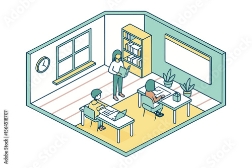 Teacher instructing students in a modern classroom with laptops and a whiteboard fostering an engaging learning environment