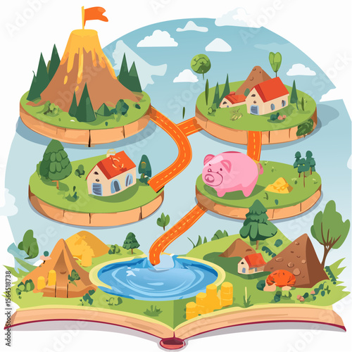 Storybook-style illustration of a treasure map leading to financial goals