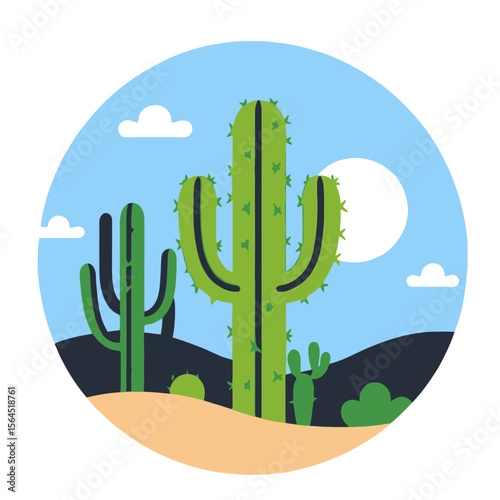 Desert Landscape Illustration - Cactus Plants under the Sun - Flat Design Desert Scene - Southwestern Style Art- Nature Inspired Graphics