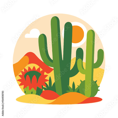 Desert Landscape Illustration with Cactus and Blooming Flower- Sunny Southwestern Scenery- Colorful Desert Scene Design- Desert Plants and Orange Dunes Art