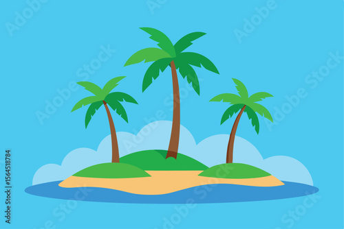 A cartoon illustration of a tropical island with palm trees, water, and clouds.
