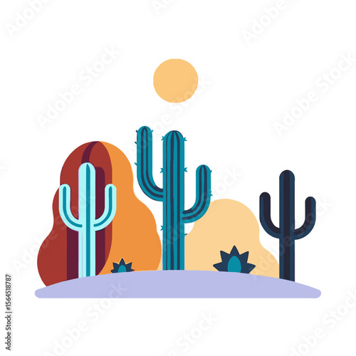 Desert Landscape Illustration with Cacti and Sun-Whimsical Desert Scene with Colorful Cacti Silhouettes-Minimalist Desert Art Print-Southwestern Desert Illustration with Vibrant Plants