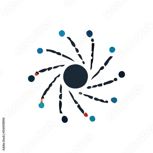 Abstract circular design with radiating lines and colored dots, creating a stylized representation of a celestial or cosmic object.