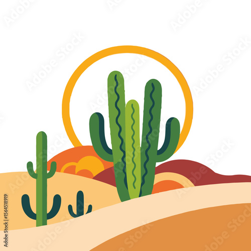 Desert Landscape with Cacti and Sun - Southwest Illustration - Arid Climate Art - Desert Scene - Cactus Graphic - Nature and Landscape - Desert Vibe