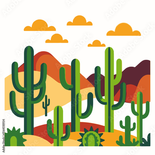 Desert Landscape with Cacti Illustration-Southwestern Desert Scene with Orange Clouds-Cactus Art Print for Home Decor-Desert Vibe Illustration-Arid Climate Artwork