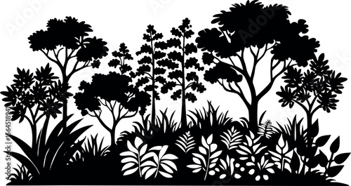 Vector art of a lush landscape with silhouettes of trees, plants, and foliage