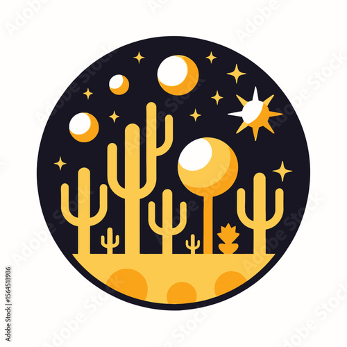 Desert Nightscape Illustration-Cartoon Cacti Under Starry Sky-Whimsical Desert Art-Golden Landscape Design-Night in the Desert-Cactus and Moon Scene-Vector Art