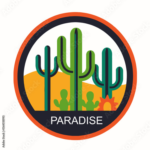 Desert Paradise Logo-Vibrant Cactus Scene-Southwestern Adventure Graphic-Modern Badge Design-Unique Travel Destination Icon-Inspiring Outdoor Symbol