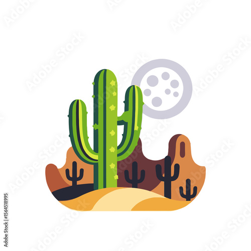Flat Desert Landscape with Cacti and Moon - Southwest Desert Illustration - Desert Scene Graphic Art - Cartoon Desert Cactus Design - Minimalist Desert Art