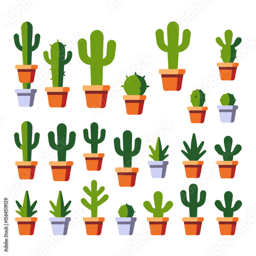 Potted Cacti Collection-Assorted Succulents in Colorful Pots-Flat Vector Illustration of Desert Plants-Home Decor Elements-Botanical Art-Perfect for Design Projects