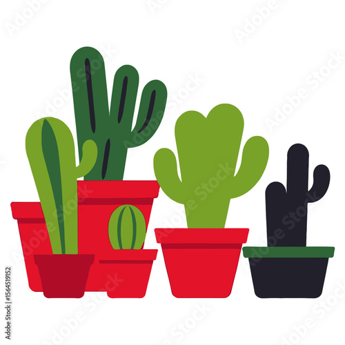 Potted Cacti Illustration-Colorful Cactus Plants in Red and Black Pots-Modern Succulent Art-Desert Flora Graphic Design-Botanical Illustration-Home Decor Art