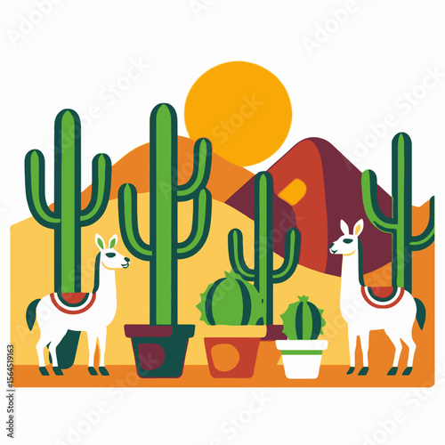 Llama Adventure in the Desert Landscape with Cacti-Explore the beauty of the desert with cute llamas and towering cacti-A fun desert adventure illustration for kids