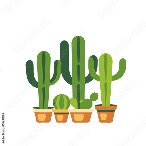 Potted Cacti Illustration-Desert Plant Decor-Succulent Arrangement in Pots-Indoor Gardening Ideas-Home Decor with Cactuses-Green Plants in Brown Pots-Cactus Collection