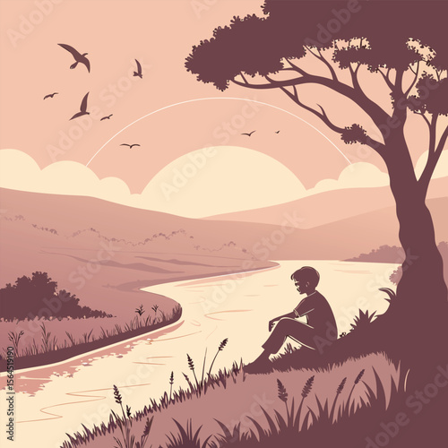 Serene Sunset Boy Contemplating by the Riverbank