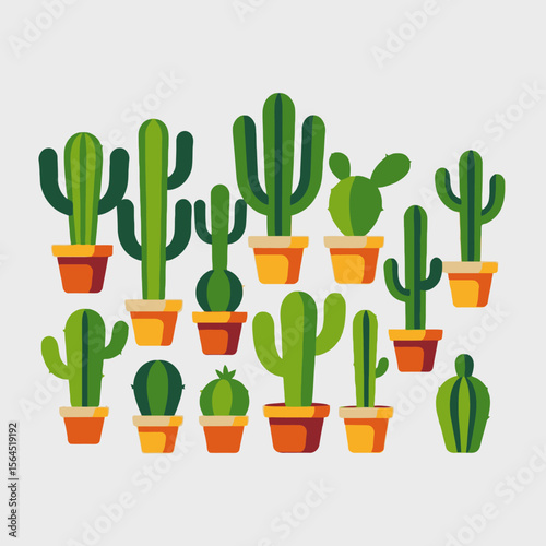 Potted Cactus Collection-Cute Green Cacti in Colorful Pots-Desert Plant Decor-Succulent Illustration-Botanical Art-Trendy Cactus Set-Perfect for Home Decor-Plant Lovers Gift