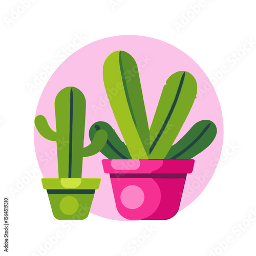 Two Cute Cacti in Colorful Pots on Pink Background-Whimsical Desert Plants Illustration-Ideal for Home Decor or Botanical Themed Designs-Add a Touch of Southwest Charm