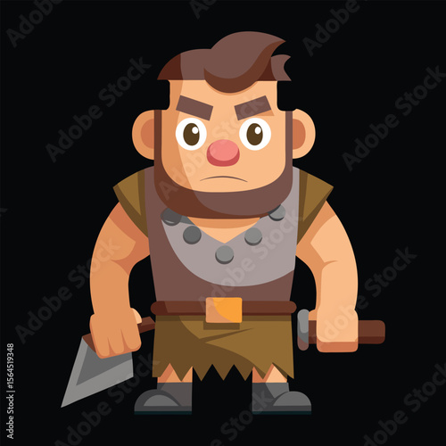 Cartoon caveman warrior holding a stone axe and knife ready for battle