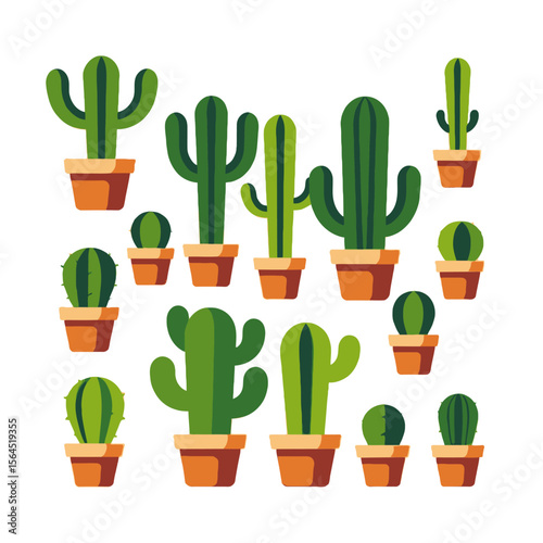 Variety of Potted Cacti Illustration-Collection of Green Cactus Plants in Terracotta Pots-Desert Plant Vector Graphic-Botanical Succulents for Home Decor-Cactus Lover Gift