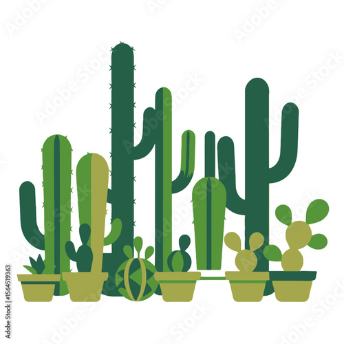 Variety of Potted Cacti Illustration - Desert Plant Collection - Green Cactus Plants for Home Decor - Modern Cactus Art - Southwestern Style Graphic - Cute Cactus Clipart