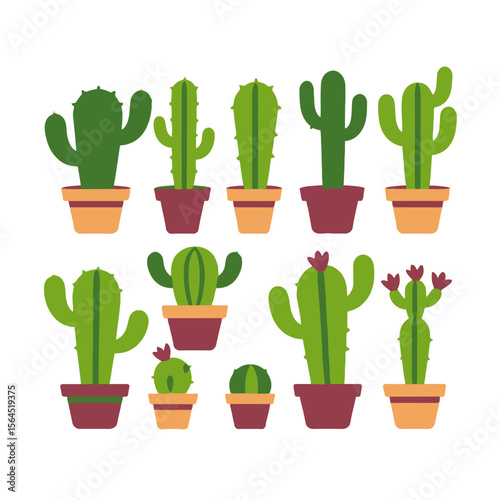 Variety of Potted Cactus Plants Illustration - Cute Desert Plants in Colorful Pots - Indoor Succulent Garden Decor - Home Gardening Ideas - Cactus with Flowers