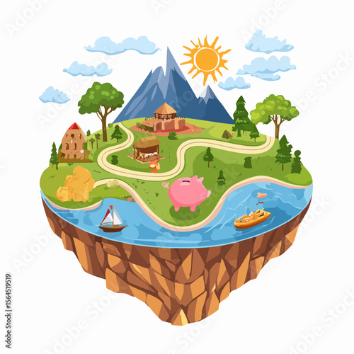 Storybook-style illustration of a treasure map leading to financial goals