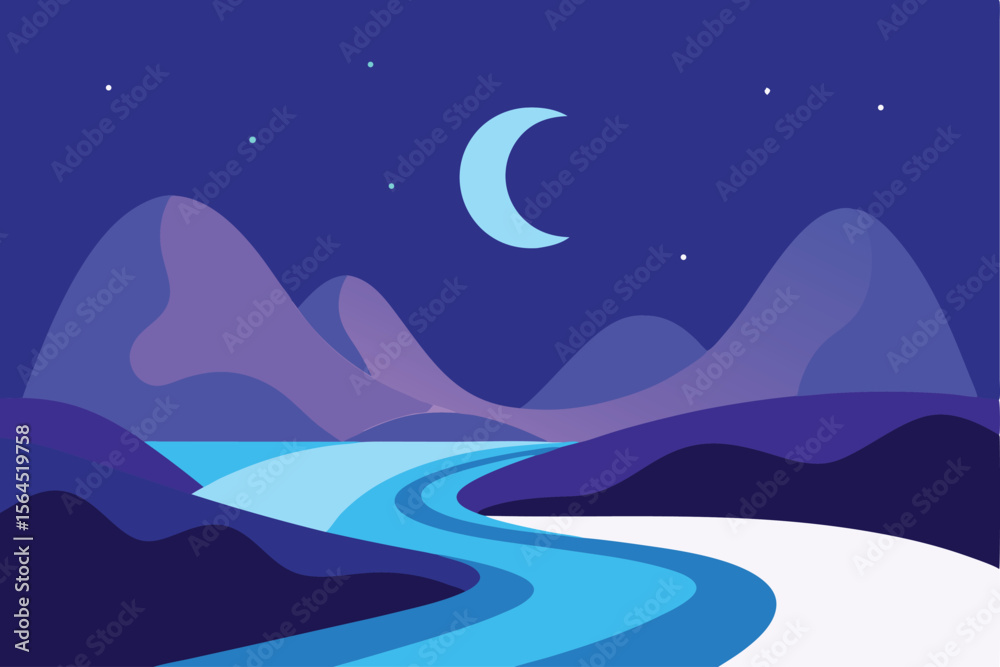Fototapeta premium Serene Nightscape Moonlit River Winding Through Mountains