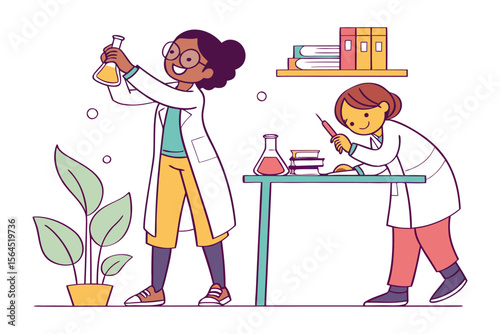 Two diverse scientists in lab coats conducting experiments with flasks and a syringe in a brightly lit laboratory setting