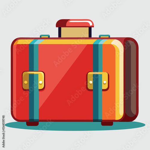 Retro style red suitcase with teal straps and yellow accents on a light background