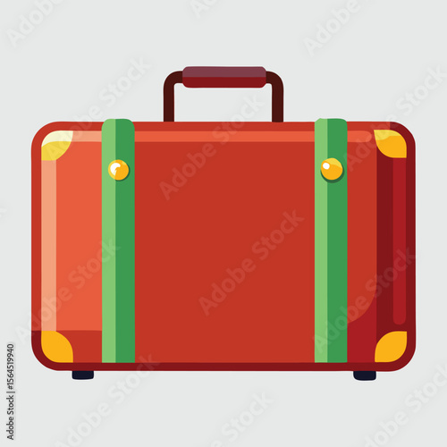 Vintage red suitcase with green straps and gold accents on a light background