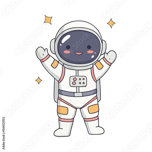 Cute cartoon astronaut with happy expression, arms raised, in space.