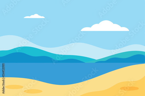 Simple vector illustration of a beach landscape with blue ocean, sand, and clouds in a bright sky.